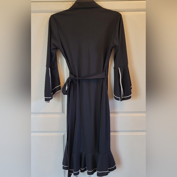 Vintage Express Collared Black White Trim Ruffle Poet Sleeve True Wrap Dress - Picture 2 of 4